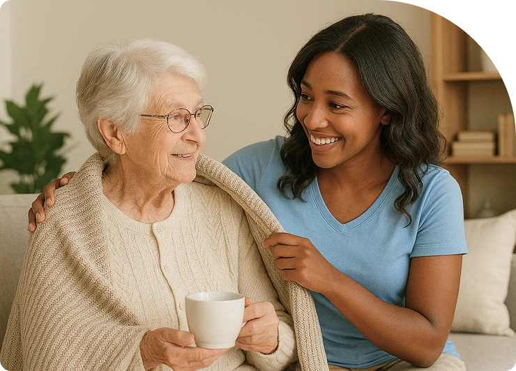 Two women drinking tea and smiling