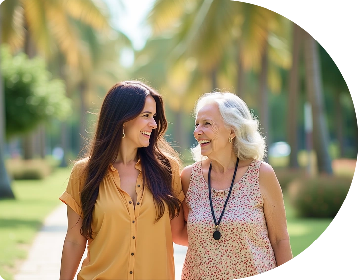 Two women walking together outdoors