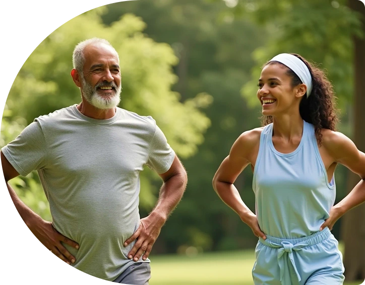Older man and younger woman in athletic wear outdoors