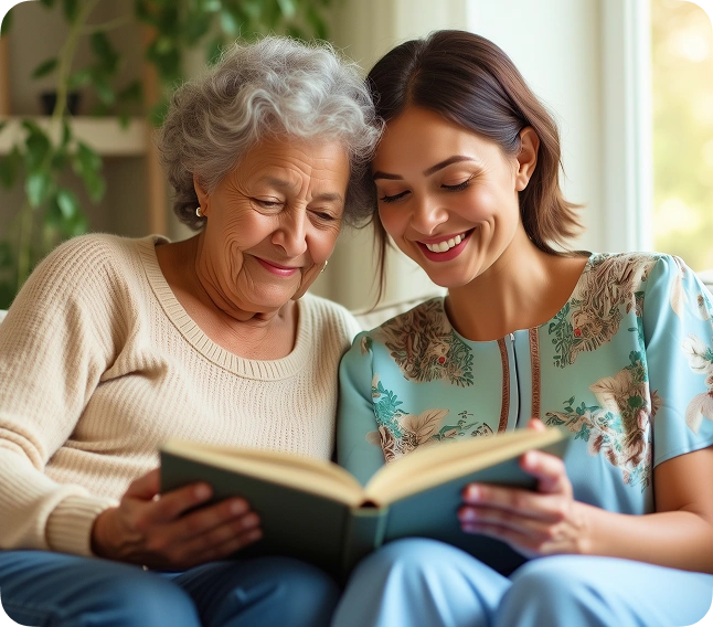 Elderly care - caregiver and elderly woman reading a book together, both smiling warmly