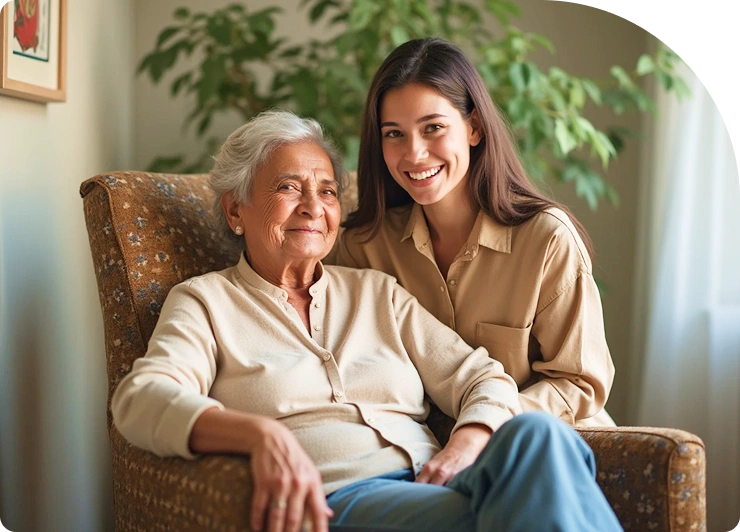 Caregiver and elderly woman smiling together in home setting